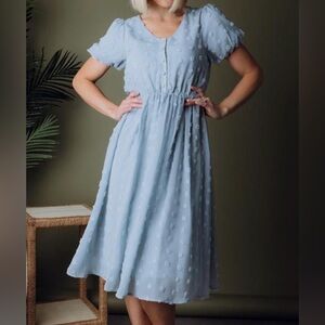 Baltic Born Swiss Dot Knee Length Dress Light Blue Cottage Puff Sleeve Women’s L